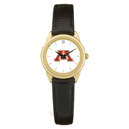 Women's  Gold Minnesota Golden Gophers Black Leather Wristwatch