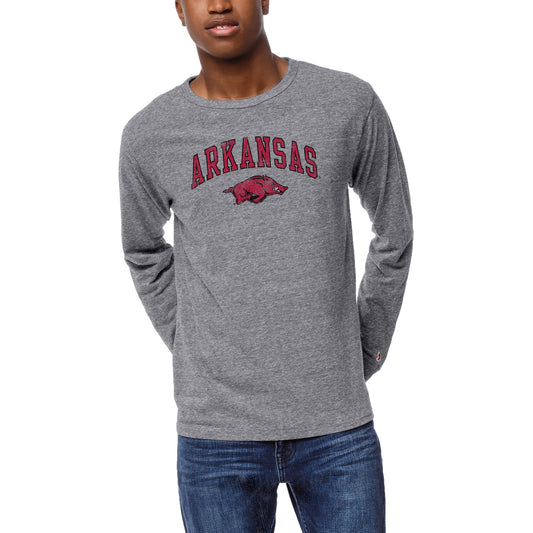 Men's League Collegiate Wear  Heather Gray Arkansas Razorbacks  Victory Falls Tri-Blend Long Sleeve T-Shirt