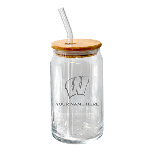 The Memory Company  Wisconsin Badgers Etched 16oz. Personalized Glass Tumbler