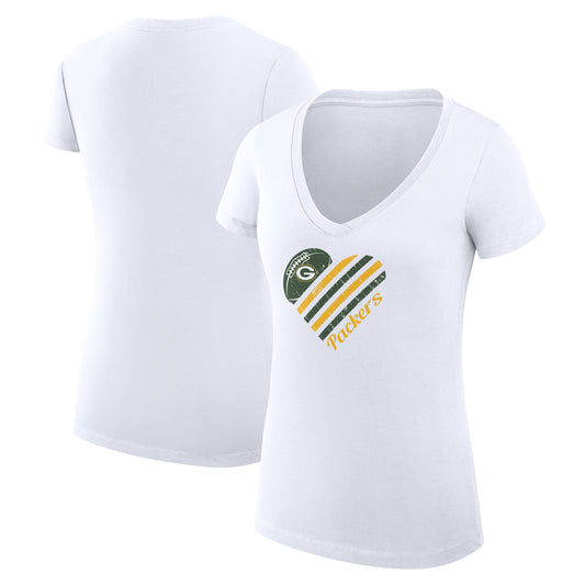 Women's G-III 4Her by Carl Banks White Green Bay Packers Heart Graphic V-Neck Fitted T-Shirt