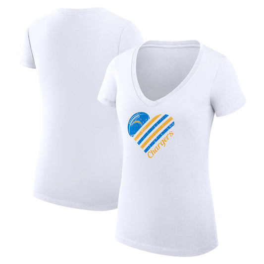 Women's G-III 4Her by Carl Banks White Los Angeles Chargers Heart Graphic V-Neck Fitted T-Shirt