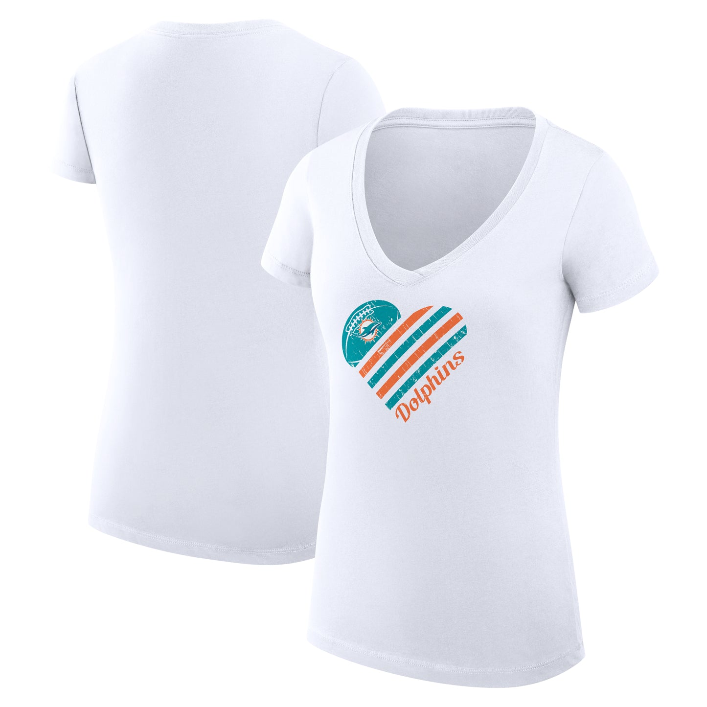 Women's G-III 4Her by Carl Banks White Miami Dolphins Heart Graphic V-Neck Fitted T-Shirt