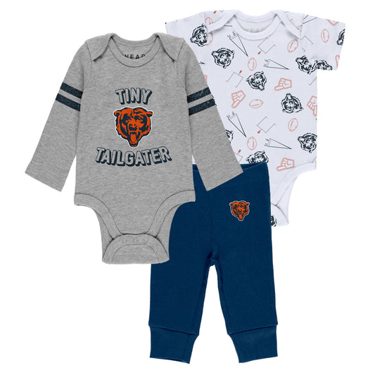 Newborn & Infant WEAR by Erin Andrews Gray/Navy/White Chicago Bears Three-Piece Turn Me Around Bodysuits & Pant Set