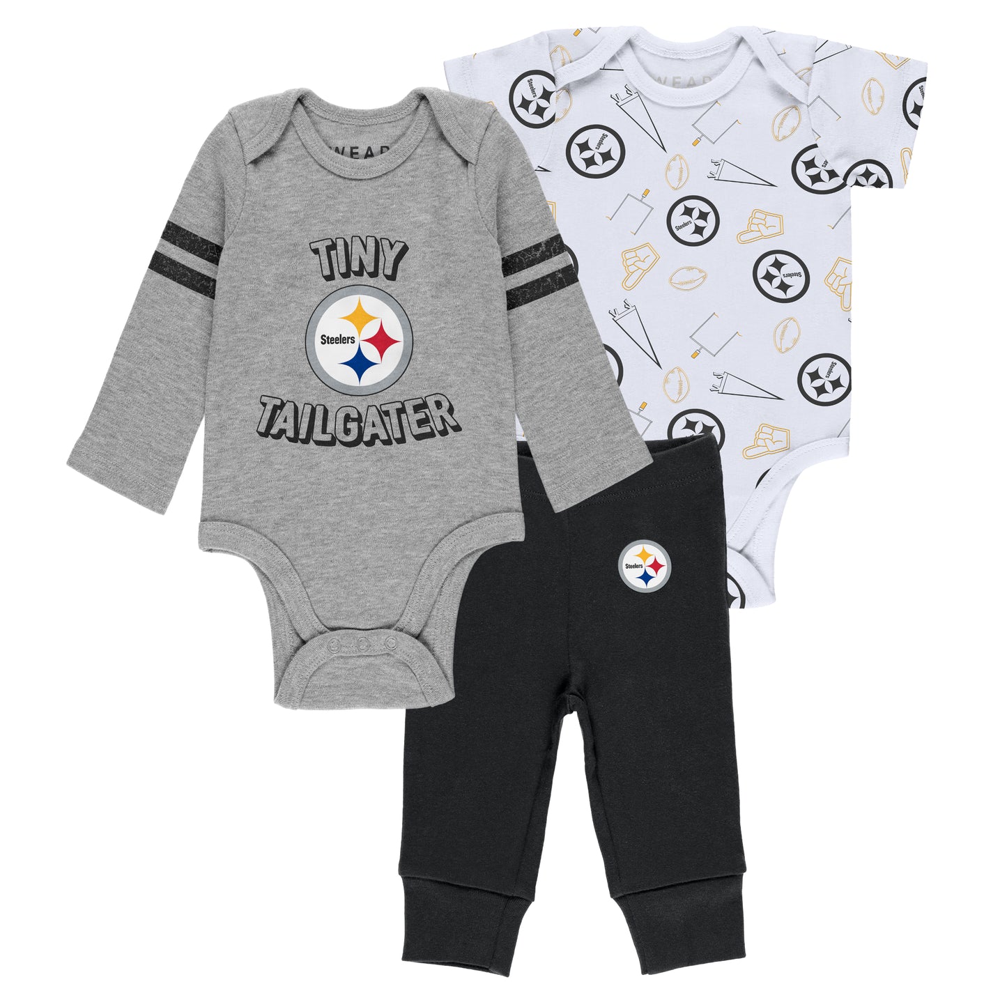 Newborn & Infant WEAR by Erin Andrews Gray/Black/White Pittsburgh Steelers Three-Piece Turn Me Around Bodysuits & Pant Set