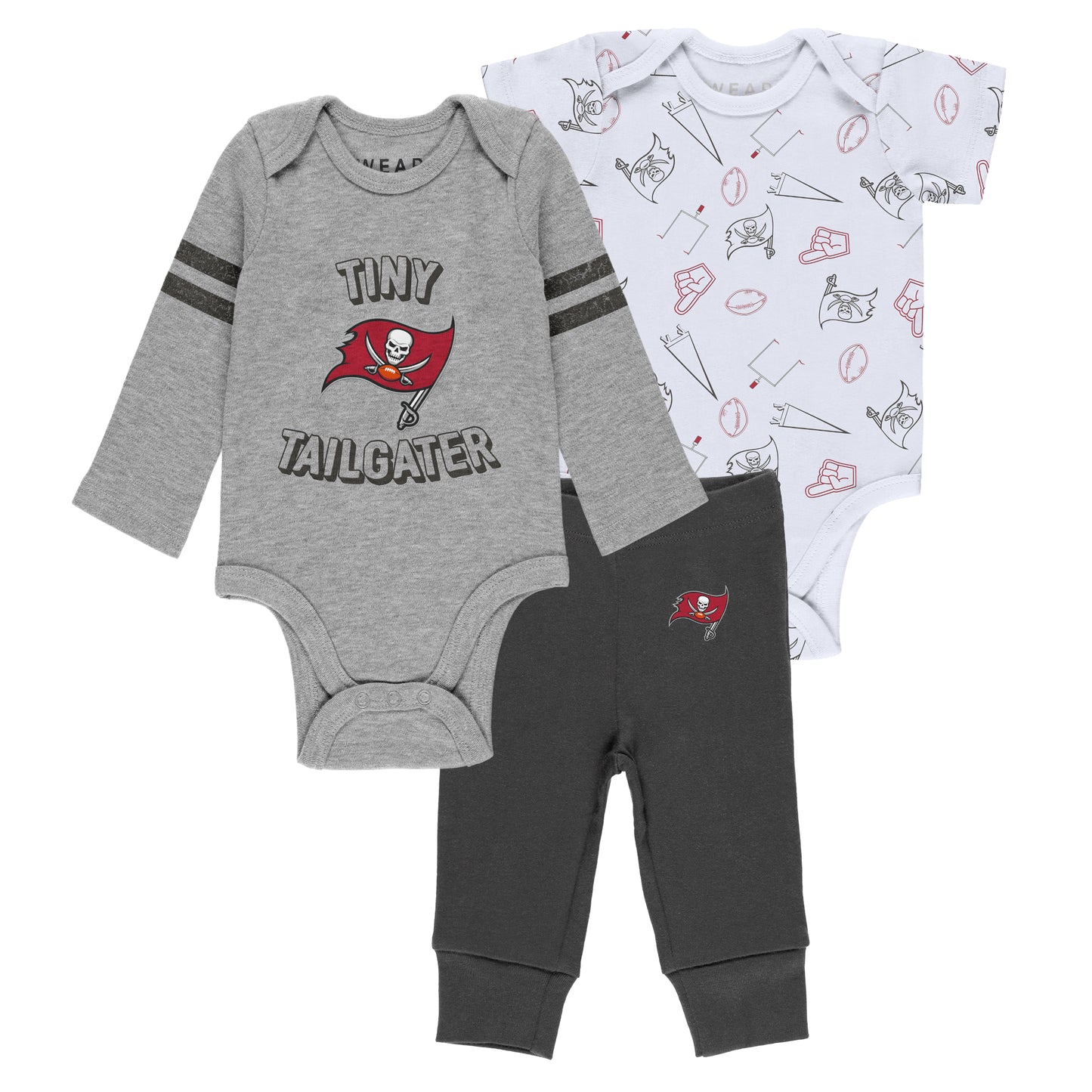 Newborn & Infant WEAR by Erin Andrews Gray/Pewter/White Tampa Bay Buccaneers Three-Piece Turn Me Around Bodysuits & Pant Set