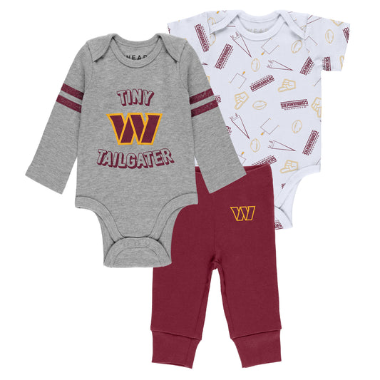 Newborn & Infant WEAR by Erin Andrews Gray/Burgundy/White Washington Commanders Three-Piece Turn Me Around Bodysuits & Pant Set