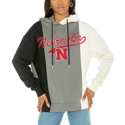 Women's Gameday Couture  Black/White Nebraska Huskers Go All In Tri-Color Pullover Hoodie