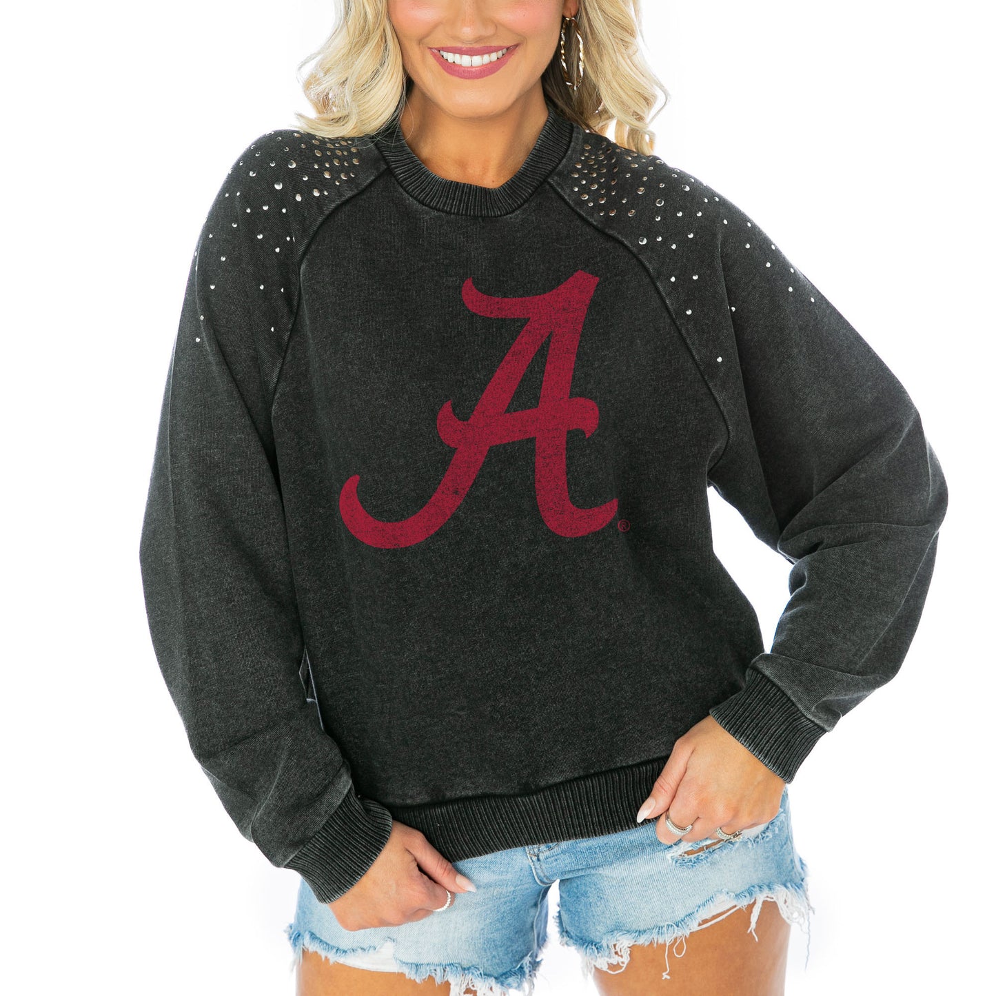 Women's Gameday Couture  Charcoal Alabama Crimson Tide Varsity Studded French Terry Pullover Sweatshirt