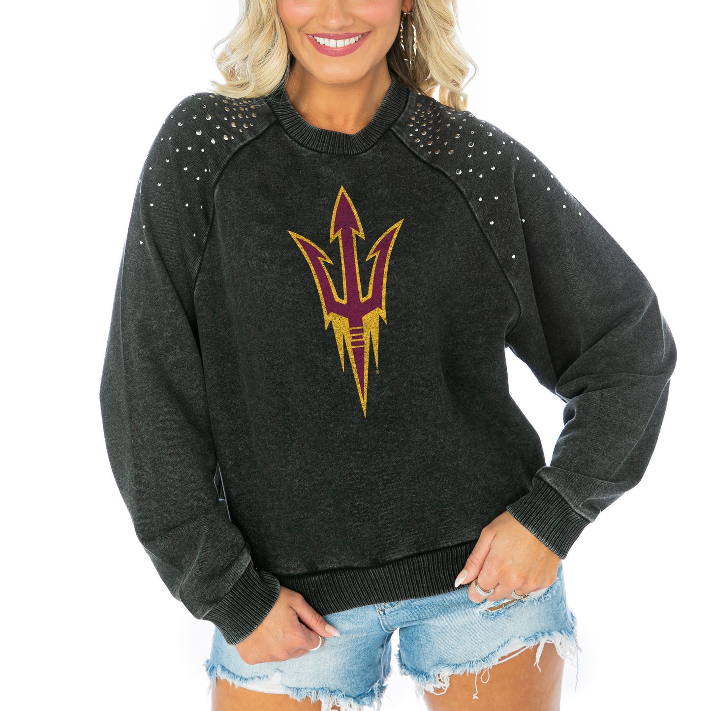 Women's Gameday Couture  Charcoal Arizona State Sun Devils Varsity Studded French Terry Pullover Sweatshirt