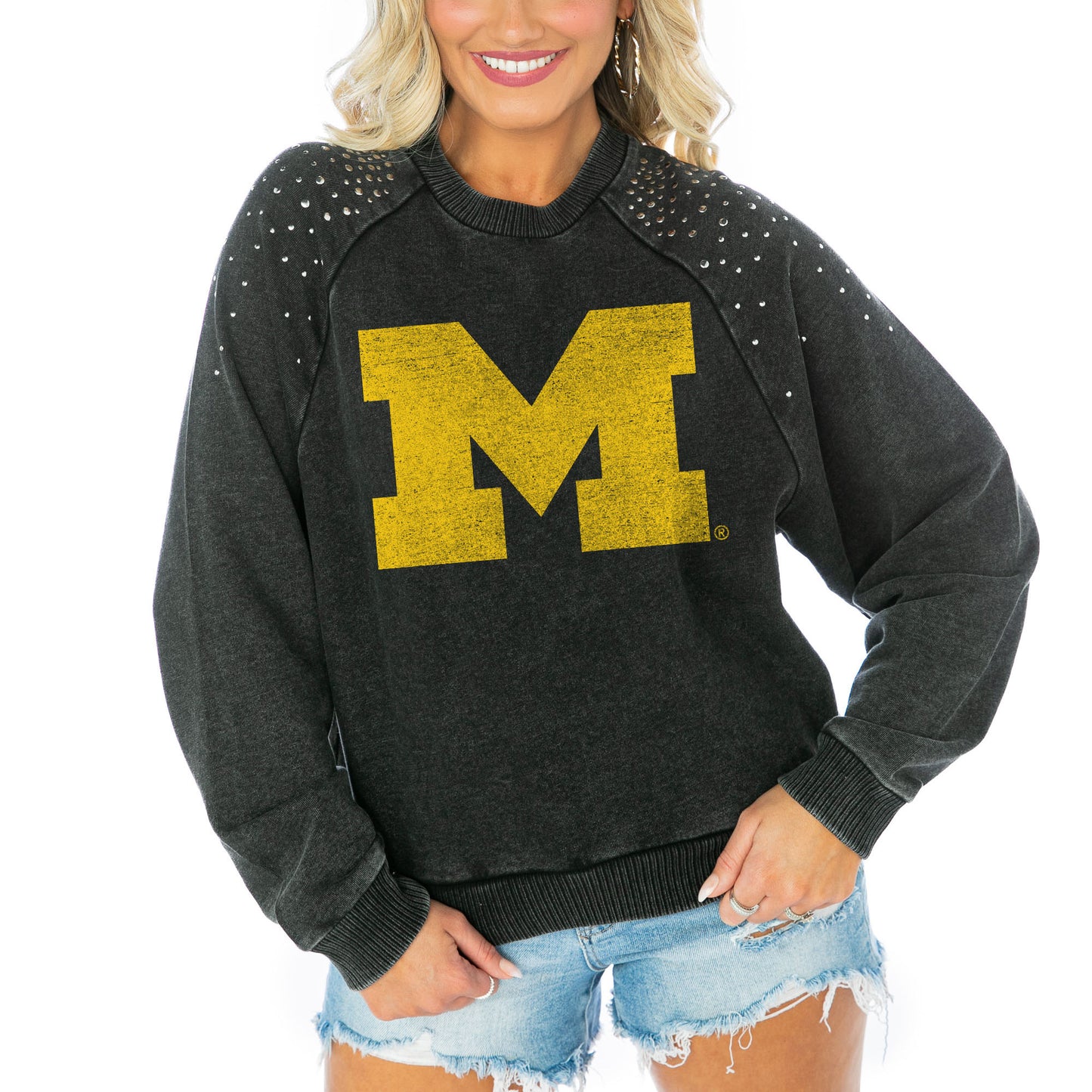 Women's Gameday Couture  Charcoal Michigan Wolverines Varsity Studded French Terry Pullover Sweatshirt