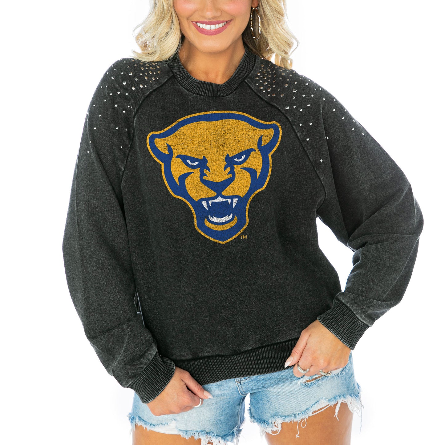 Women's Gameday Couture  Charcoal Pitt Panthers Varsity Studded French Terry Pullover Sweatshirt