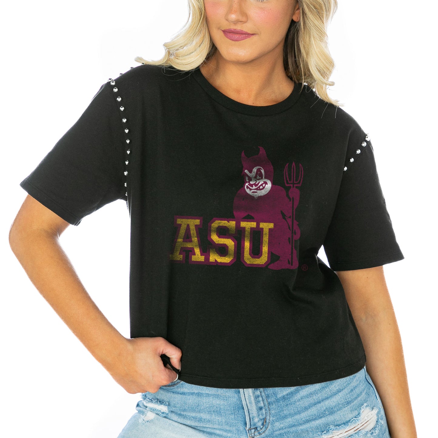 Women's Gameday Couture  Black Arizona State Sun Devils Galore Studded Sleeve Crop Top