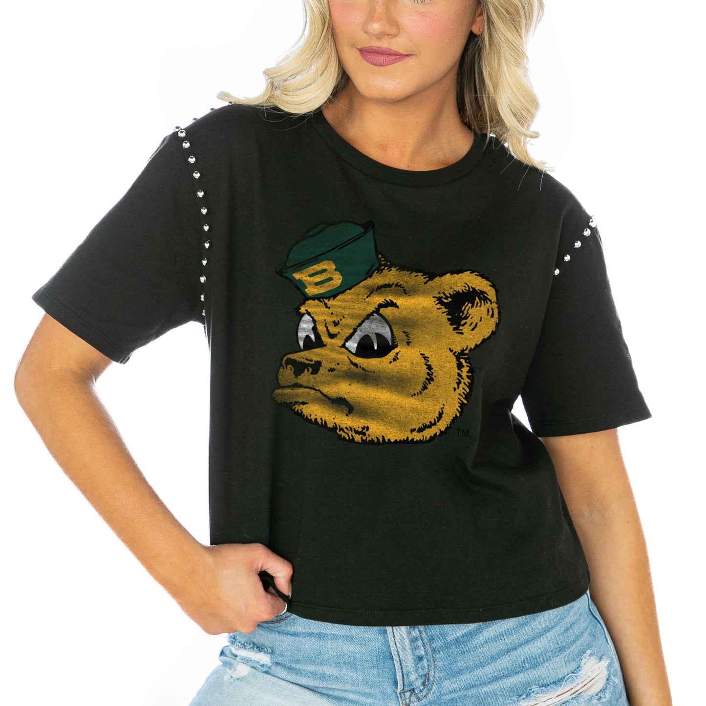 Women's Gameday Couture  Black Baylor Bears Galore Studded Sleeve Crop Top