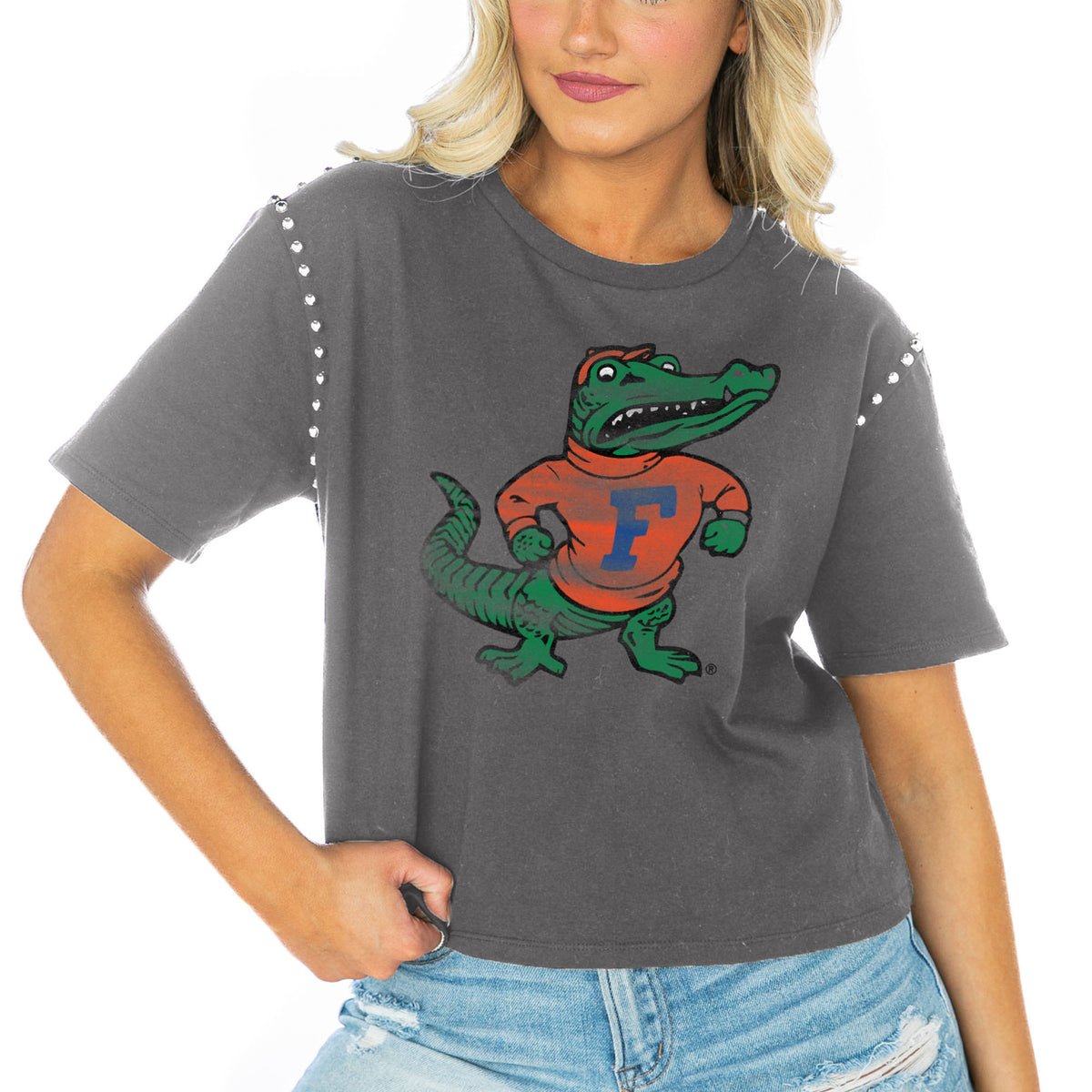 Women's Gameday Couture  Gray Florida Gators Galore Studded Sleeve Crop Top