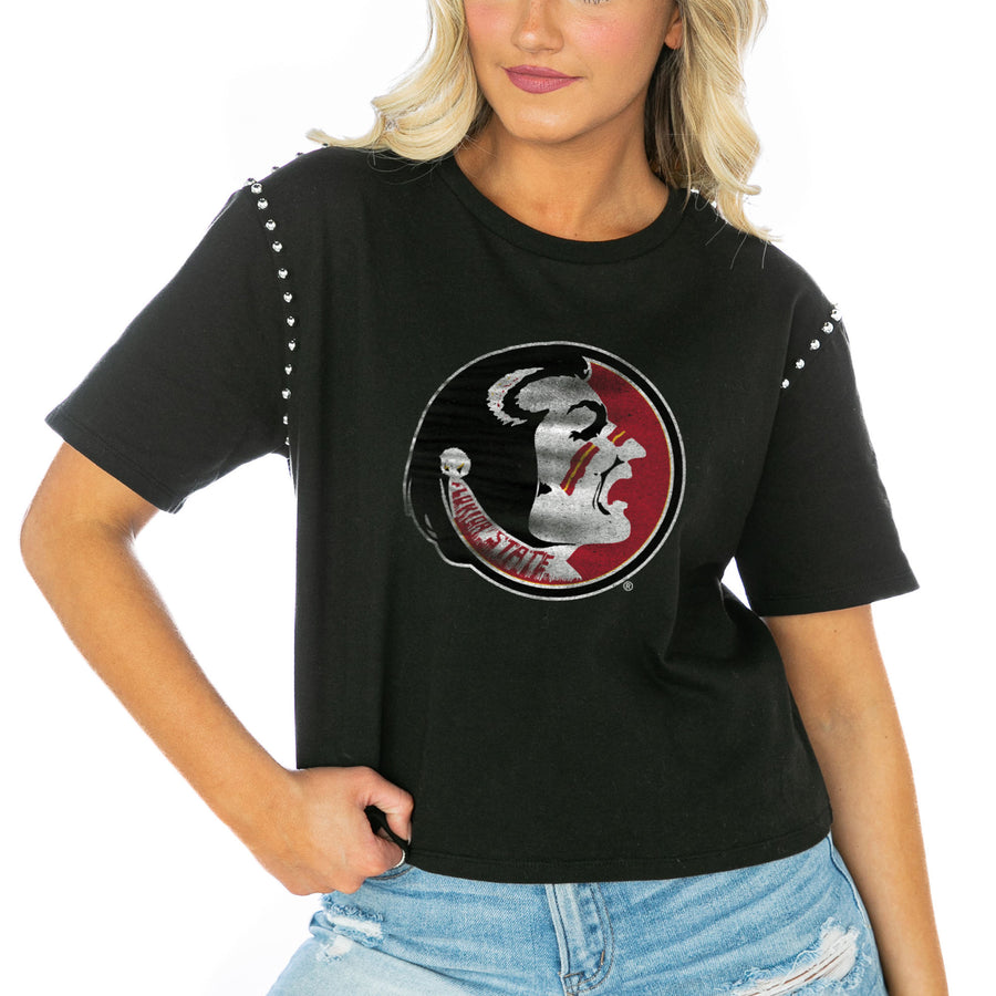 Women's Gameday Couture  Black Florida State Seminoles Galore Studded Sleeve Crop Top