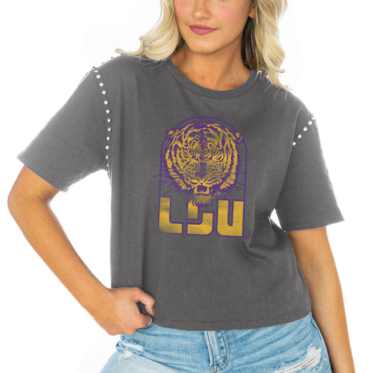 Women's Gameday Couture  Gray LSU Tigers Galore Studded Sleeve Crop Top