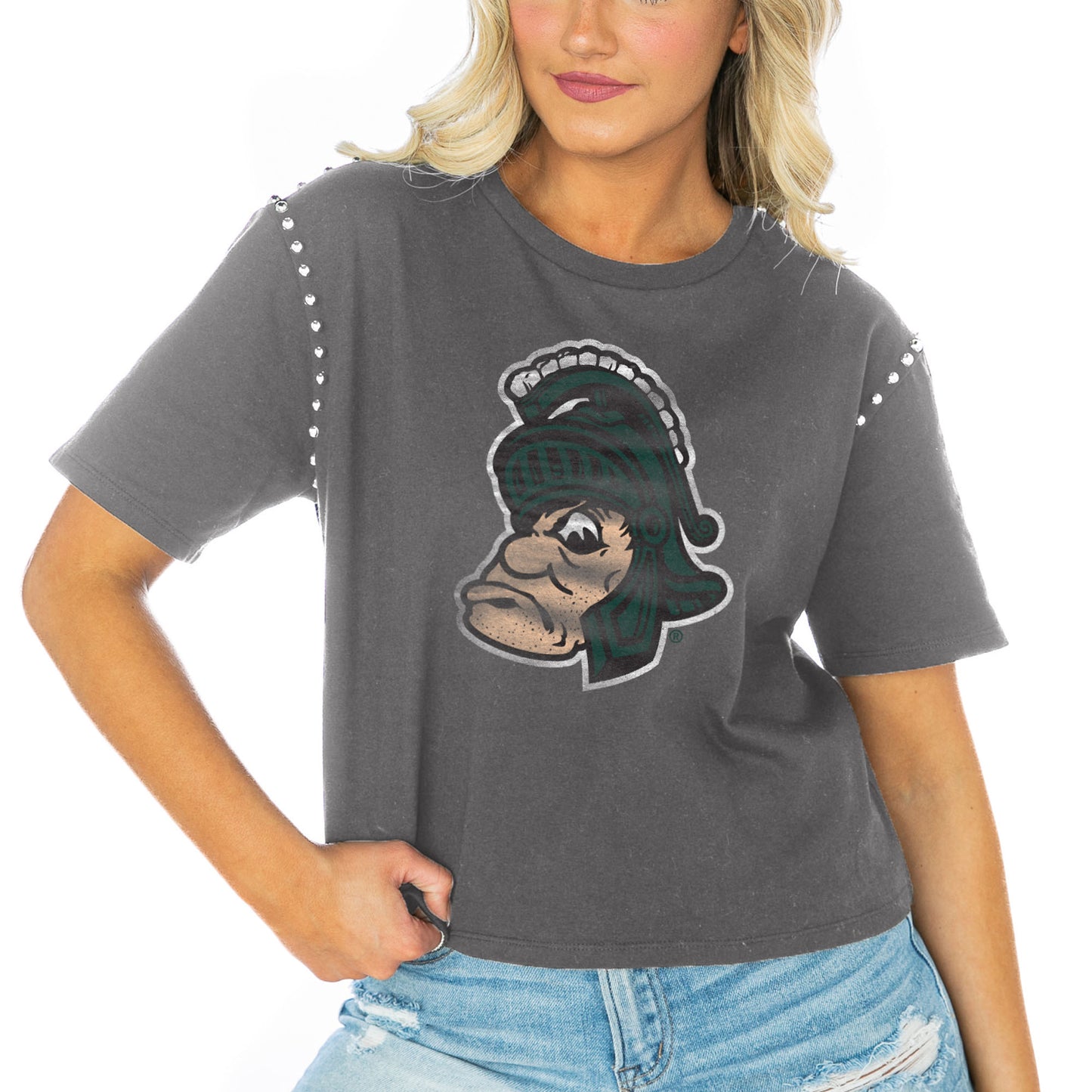 Women's Gameday Couture  Gray Michigan State Spartans Galore Studded Sleeve Crop Top