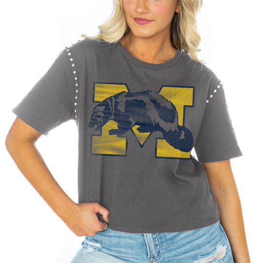 Women's Gameday Couture  Gray Michigan Wolverines Galore Studded Sleeve Crop Top