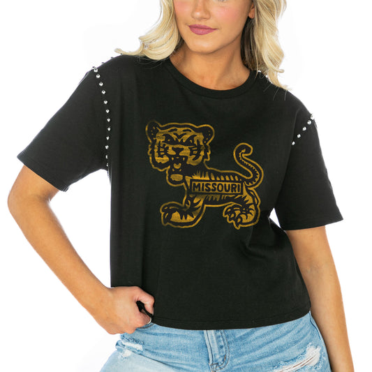 Women's Gameday Couture  Black Missouri Tigers Galore Studded Sleeve Crop Top