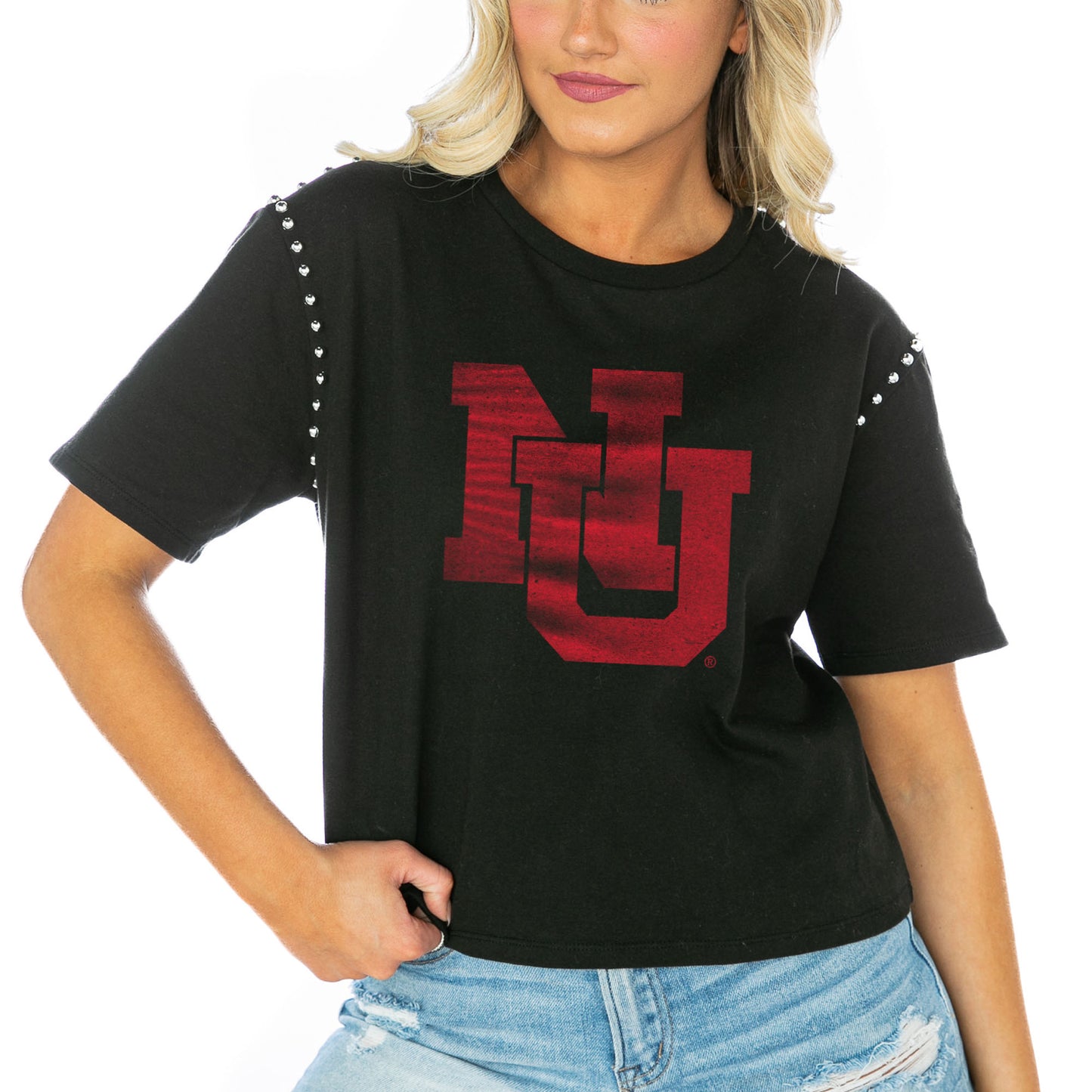 Women's Gameday Couture  Black Nebraska Huskers Galore Studded Sleeve Crop Top