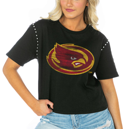 Women's Gameday Couture  Black Iowa State Cyclones Galore Studded Sleeve Crop Top