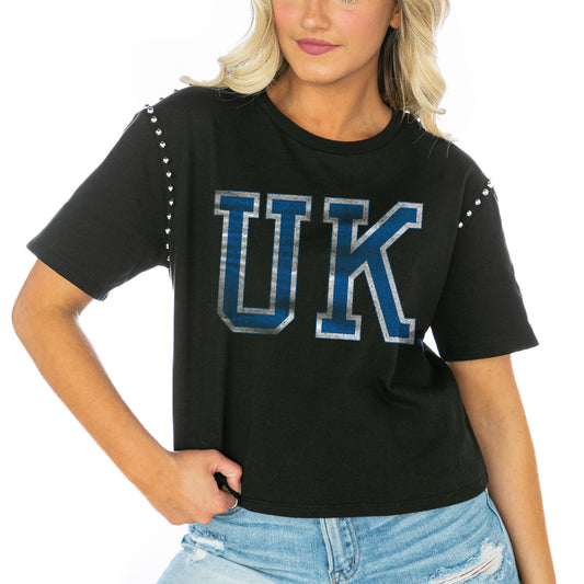 Women's Gameday Couture  Black Kentucky Wildcats Galore Studded Sleeve Crop Top