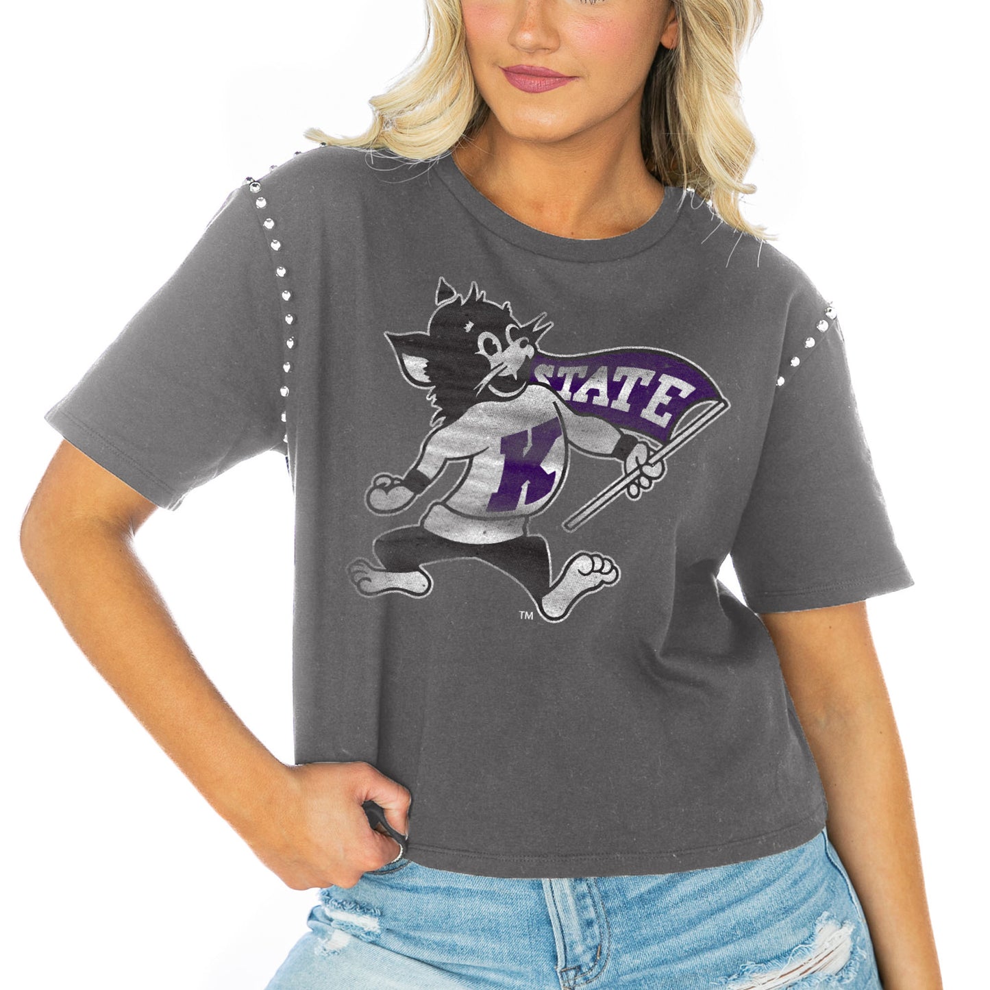 Women's Gameday Couture  Gray Kansas State Wildcats Galore Studded Sleeve Crop Top