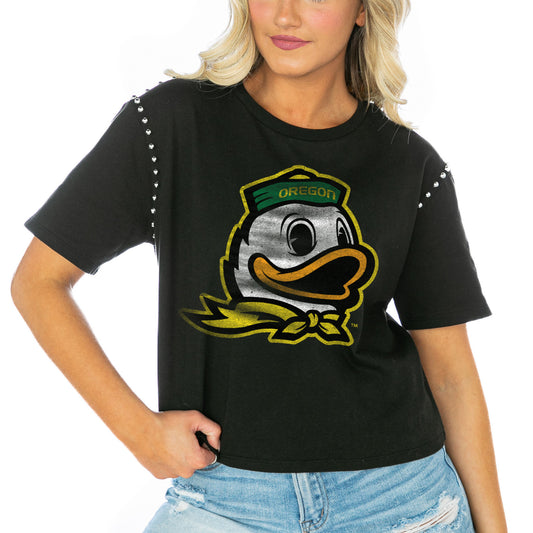 Women's Gameday Couture  Black Oregon Ducks Galore Studded Sleeve Crop Top