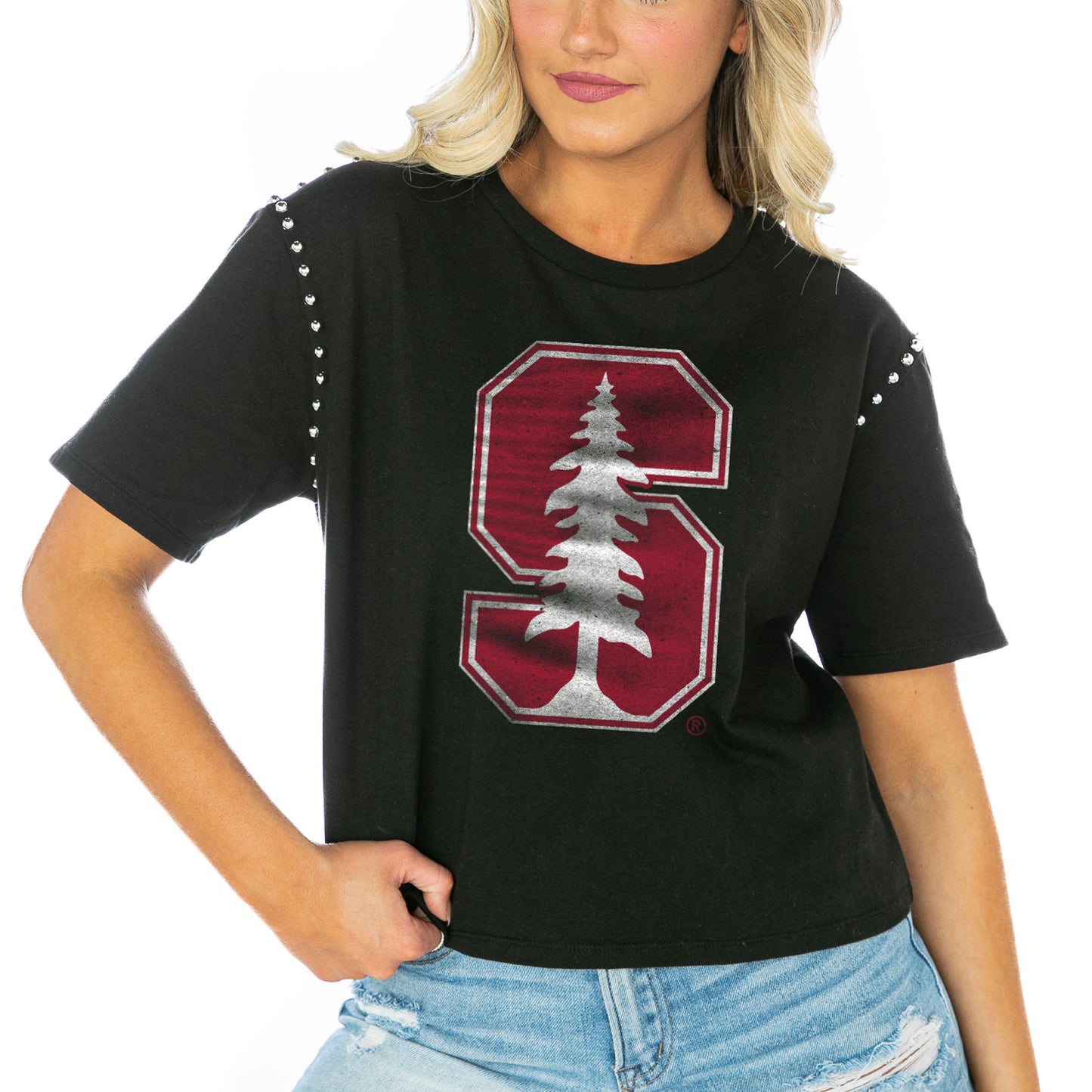 Women's Gameday Couture  Black Stanford Cardinal Galore Studded Sleeve Crop Top