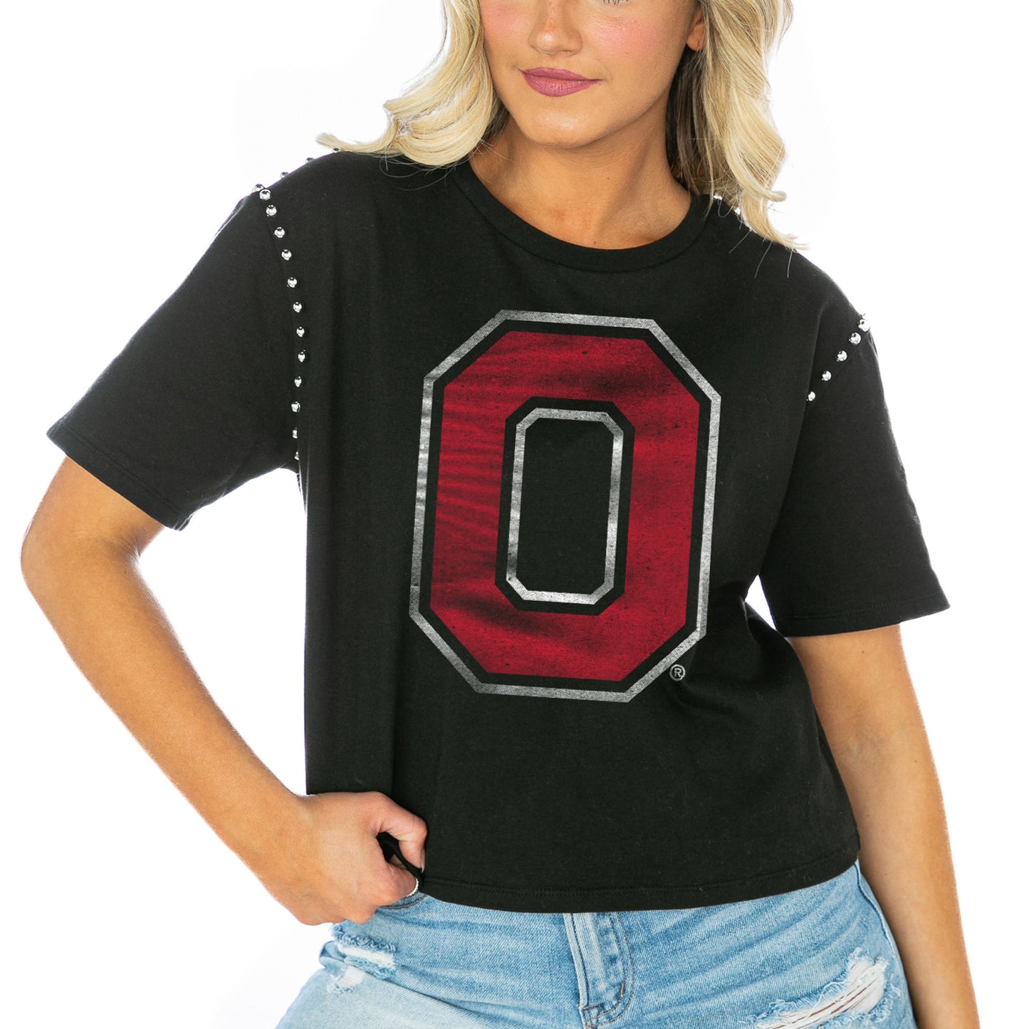 Women's Gameday Couture  Black Ohio State Buckeyes Galore Studded Sleeve Crop Top