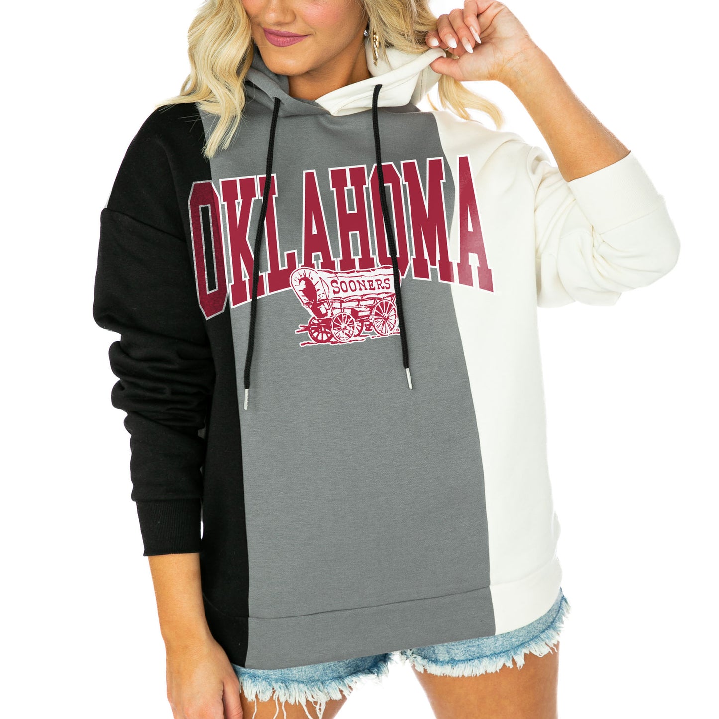 Women's Gameday Couture  Black/White Oklahoma Sooners Victory Tri-Color Pullover Hoodie