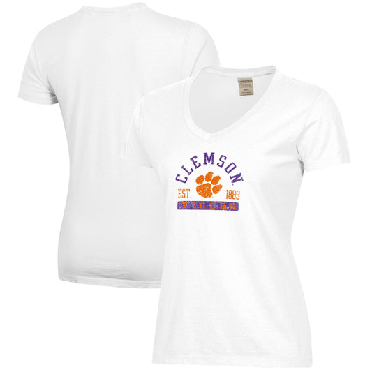 Women's  White Clemson Tigers Arch Logo Comfort Wash V-Neck T-Shirt