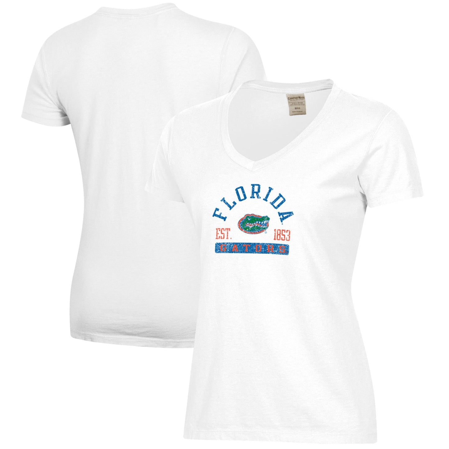 Women's  White Florida Gators Arch Logo Comfort Wash V-Neck T-Shirt