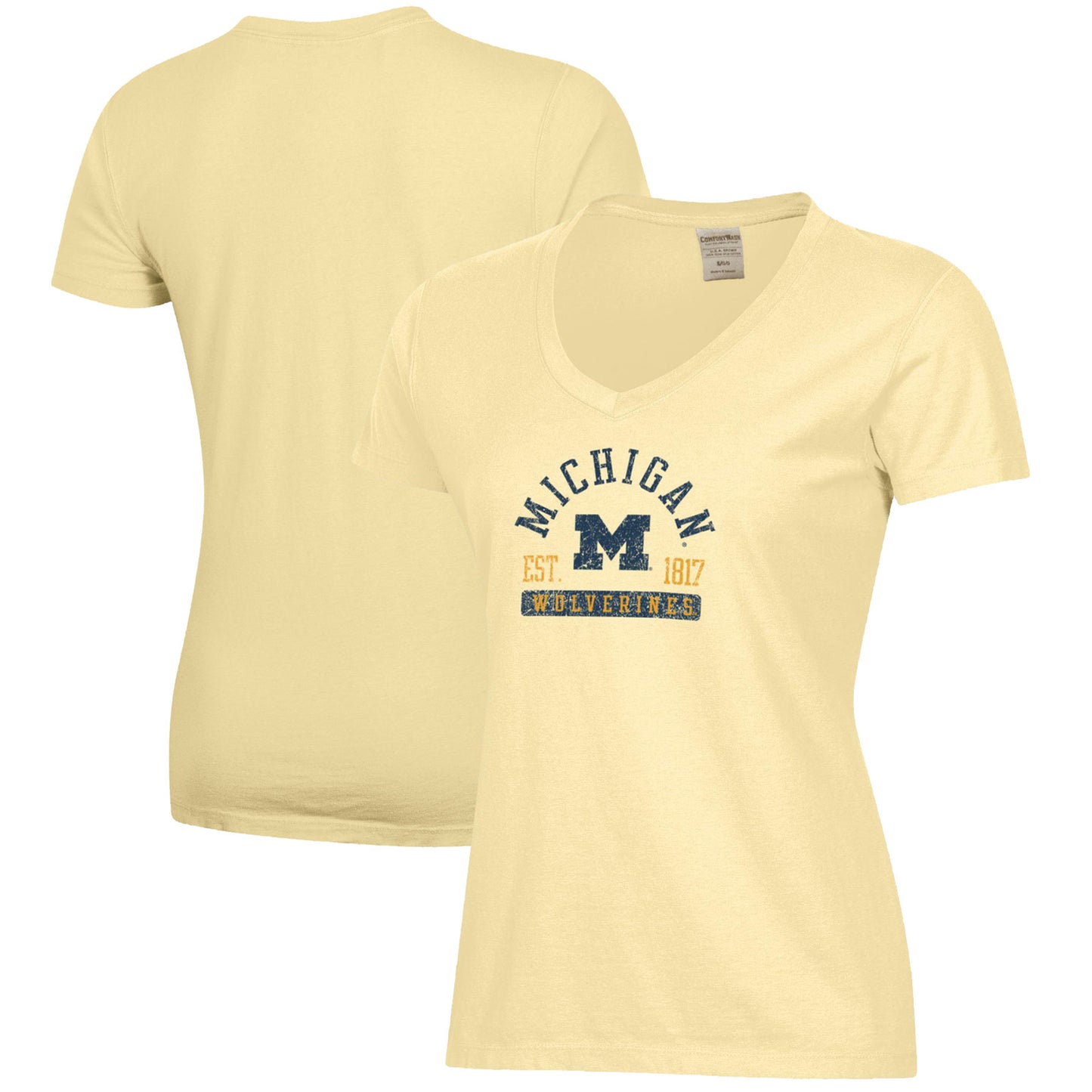 Women's  Maize Michigan Wolverines Arch Logo Comfort Wash V-Neck T-Shirt