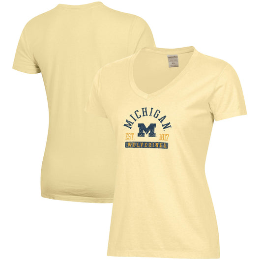 Women's  Maize Michigan Wolverines Arch Logo Comfort Wash V-Neck T-Shirt