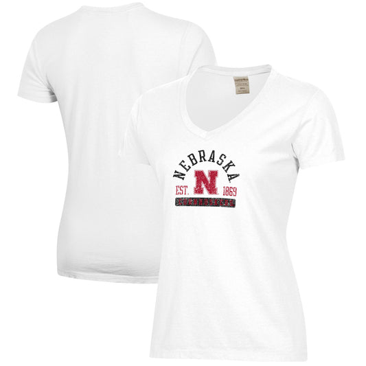 Women's  White Nebraska Huskers Arch Logo Comfort Wash V-Neck T-Shirt