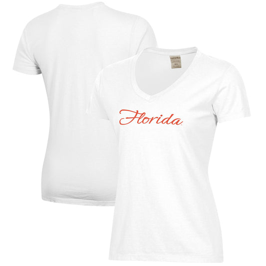 Women's  White Florida Gators Script Logo Comfort Wash V-Neck T-Shirt