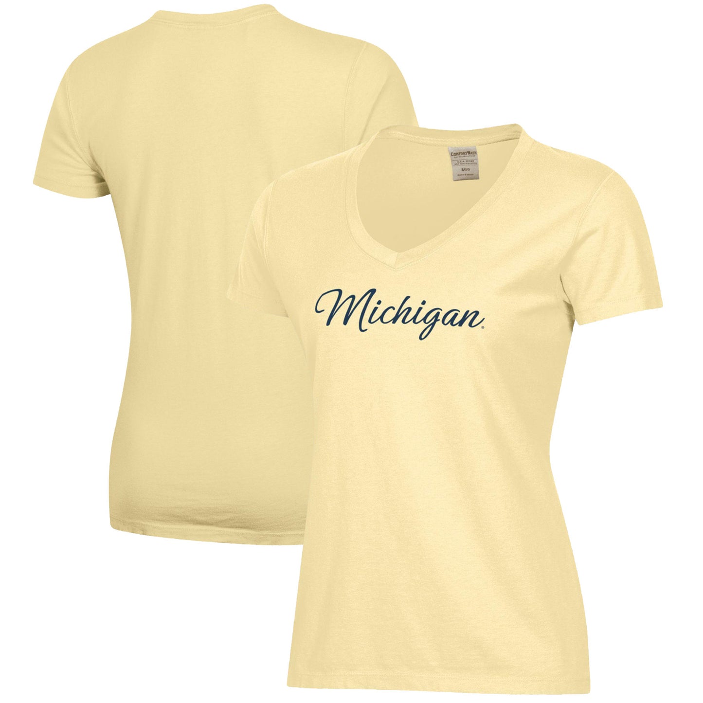 Women's  Maize Michigan Wolverines Script Logo Comfort Wash V-Neck T-Shirt