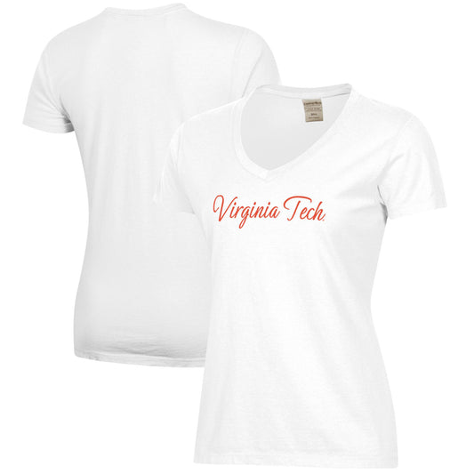 Women's  White Virginia Tech Hokies Script Logo Comfort Wash V-Neck T-Shirt