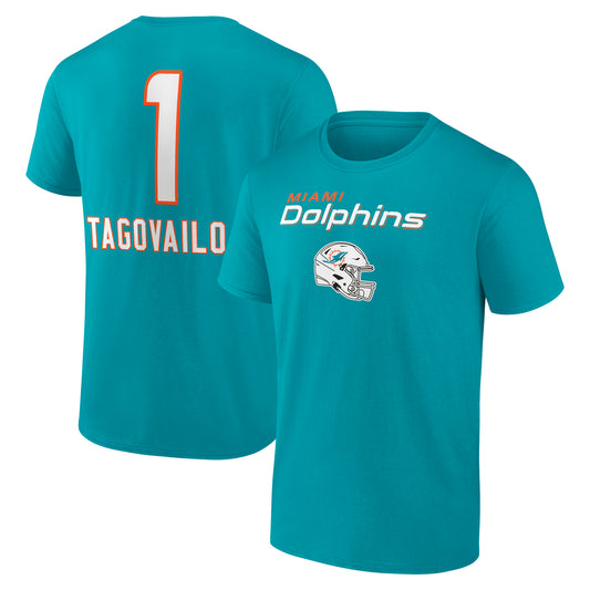 Men's Tua Tagovailoa Aqua Miami Dolphins Team Wordmark Name & Number T-Shirt