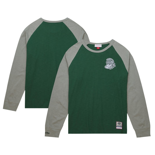 Men's Mitchell & Ness Green Michigan State Spartans Legendary Slub Raglan Long Sleeve T-Shirt