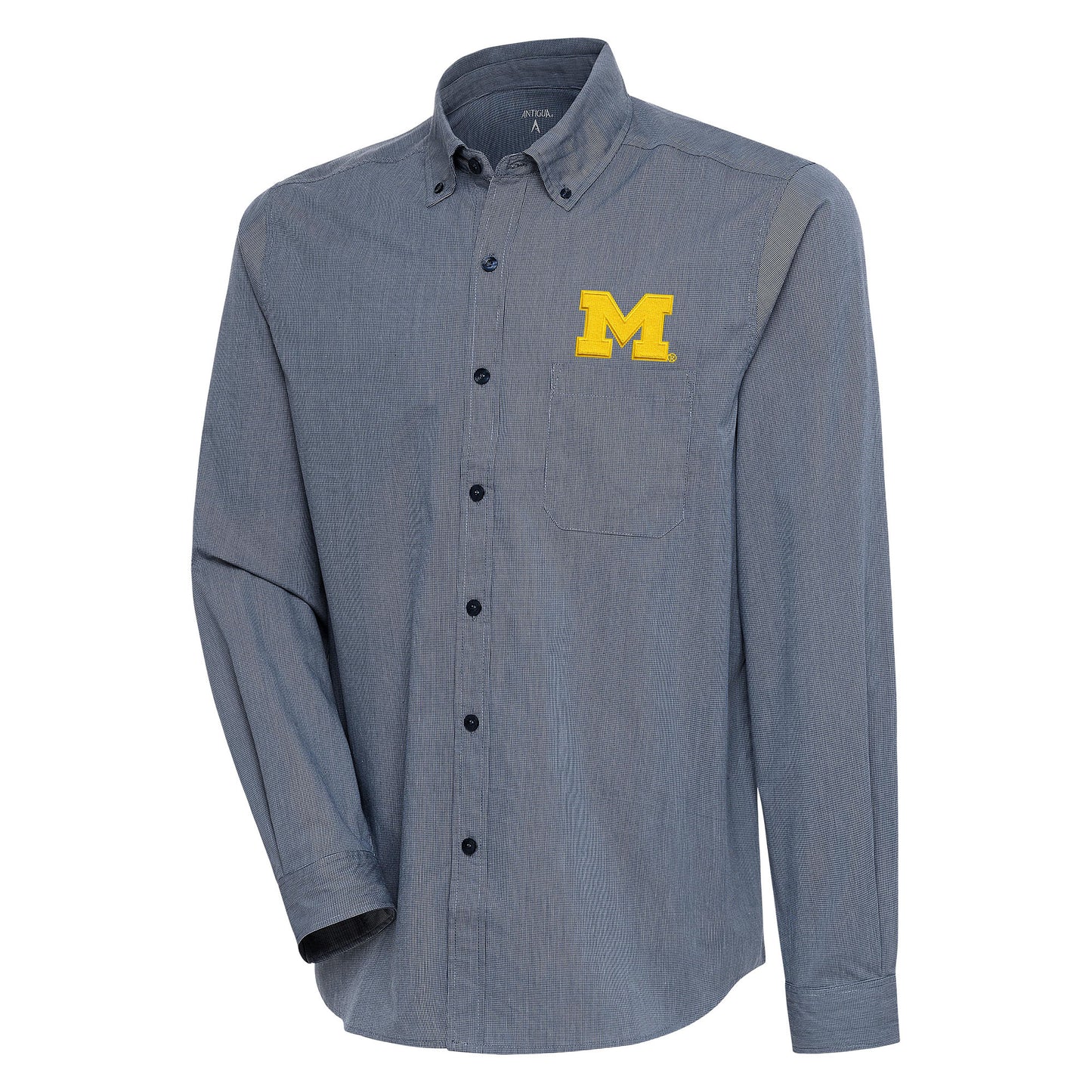 Men's Antigua Navy/White Michigan Wolverines Compression Long Sleeve Button-Down Shirt