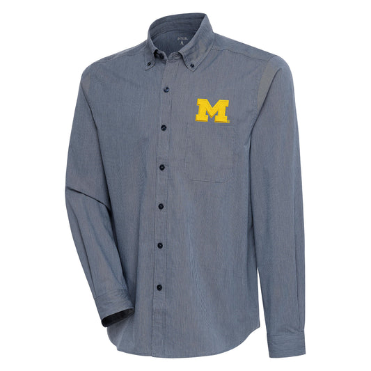 Men's Antigua Navy/White Michigan Wolverines Compression Long Sleeve Button-Down Shirt