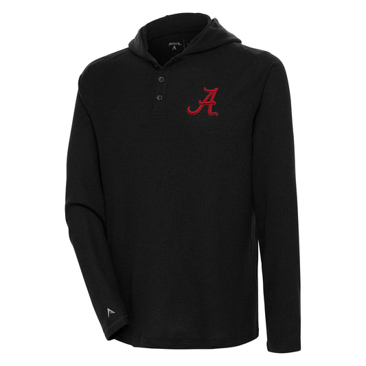 Men's Antigua Black Alabama Crimson Tide Strong Hold Long Sleeve Henley Hoodie T-Shirt