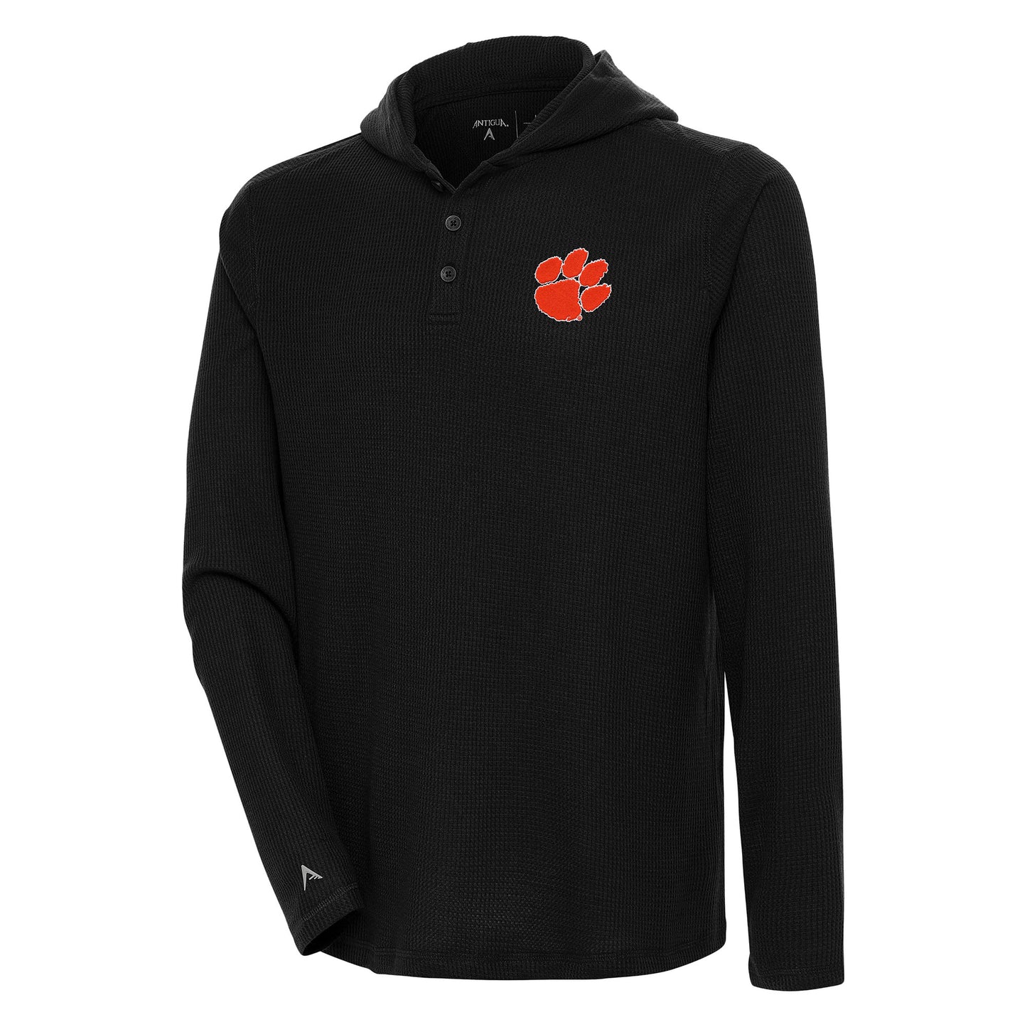 Men's Antigua Black Clemson Tigers Strong Hold Long Sleeve Henley Hoodie T-Shirt