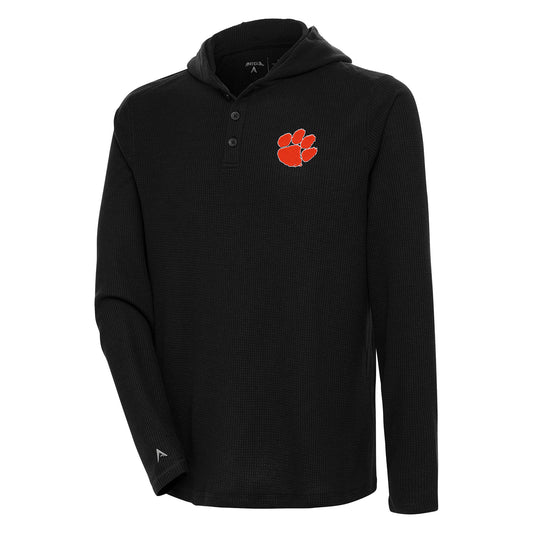 Men's Antigua Black Clemson Tigers Strong Hold Long Sleeve Henley Hoodie T-Shirt