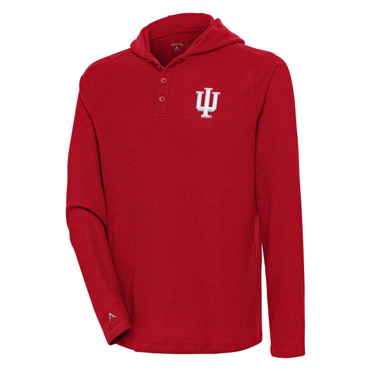 Men's Antigua Crimson Indiana Hoosiers Strong Hold Long Sleeve Henley Hoodie T-Shirt