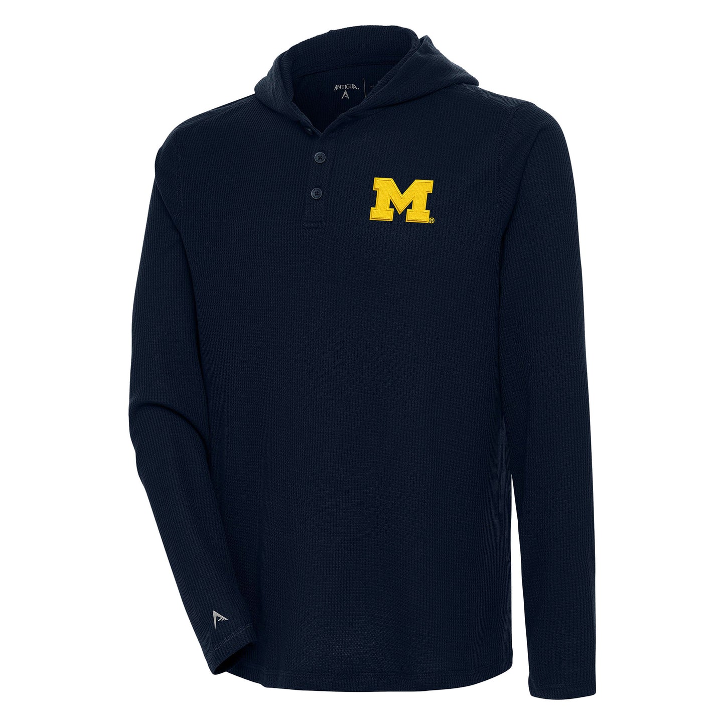 Men's Antigua Navy Michigan Wolverines Strong Hold Long Sleeve Henley Hoodie T-Shirt