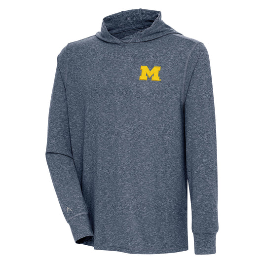 Men's Antigua Heather Navy Michigan Wolverines Saga Long Sleeve Hoodie T-Shirt