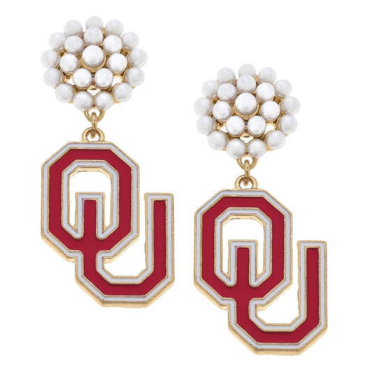 Women's Oklahoma Sooners Pearl Cluster Enamel Drop Earrings